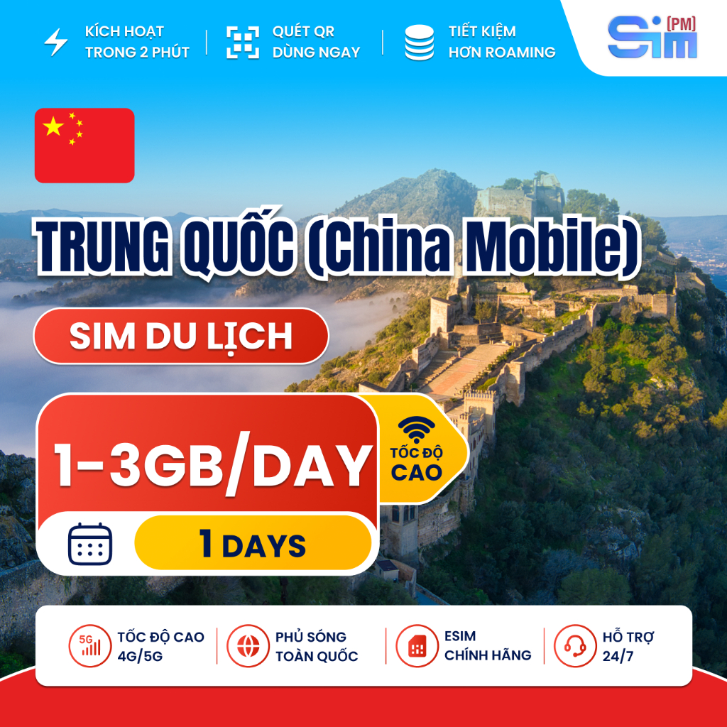 Sim du lịch Trung Quốc 1 ngày tốc độ cao nhà mạng China Mobile