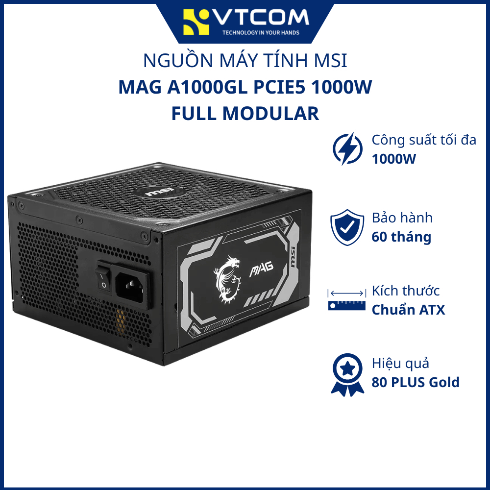 Nguồn máy tính MSI MAG A1000GL PCIE5 1000W (80 plus gold, chuẩn ATX, Full Modular) - Hàng chính hãng