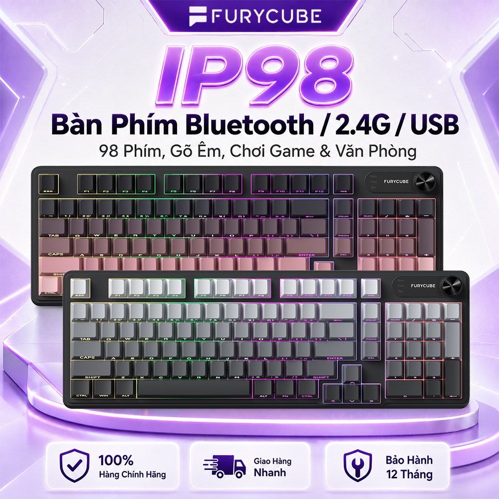 Bàn Phím Không Dây Bluetooth 2.4G FURYCUBE IP98 PRO, Có Dây USB, Không ồn, game/văn phòng, LED RGB