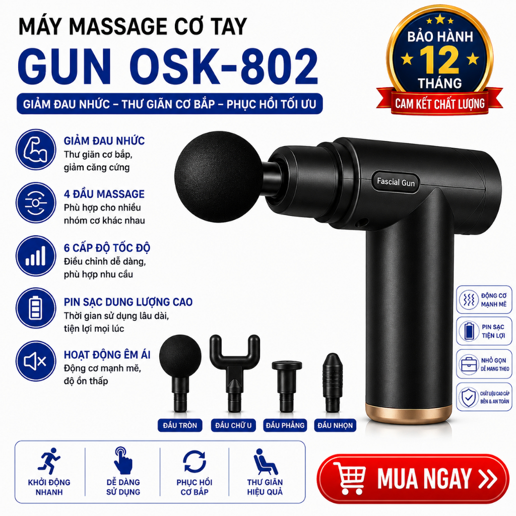 Máy Massage Cầm Tay Mini Gun Osk 802 4 Đầu Thay Thế Và 6 Cấp Độ Massage