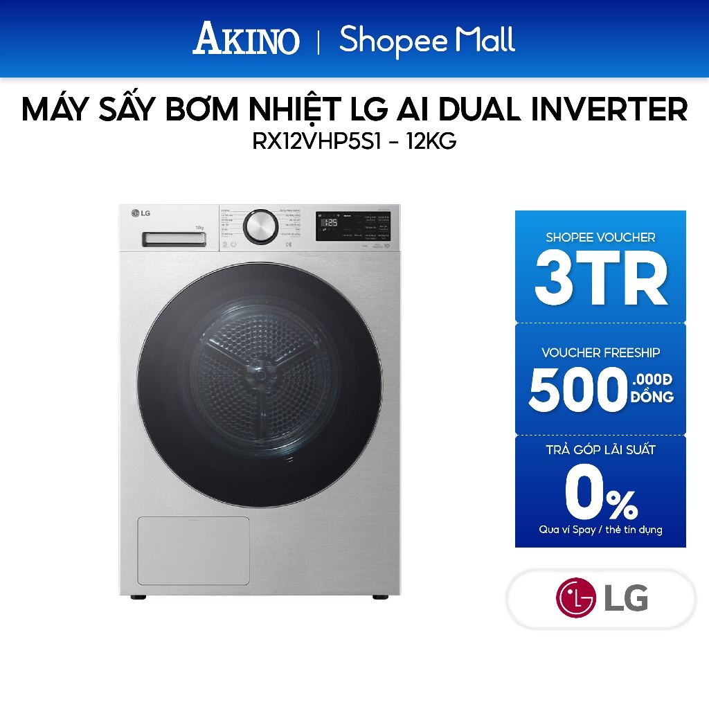 RX12VHP5S1 I Máy sấy bơm nhiệt LG AI DUAL Inverter 12kg
