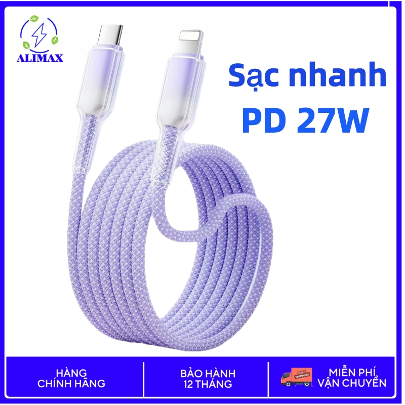 Cáp sạc nhanh bọc dù 27W Discolor, dài 1m/2m sạc nhanh và truyền tải dữ liệu
