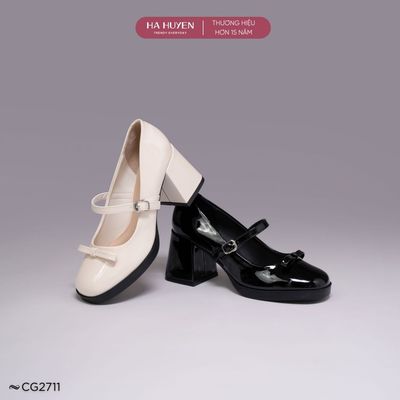 Giày cao gót, giày mary jane HÀ HUYỀN da bóng đính nơ quai ngang gót vuông 7cm - CG2711