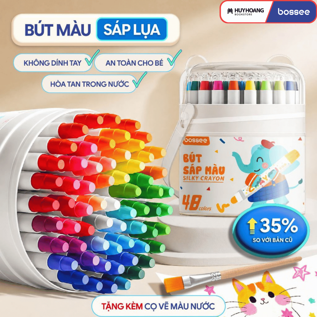 Màu Sáp Lụa Dầu Tặng Kèm Cọ Vẽ Bossee Silky Crayon bút sáp màu cho bé bút sáp lụa vặn, đầu Trơn Mượt