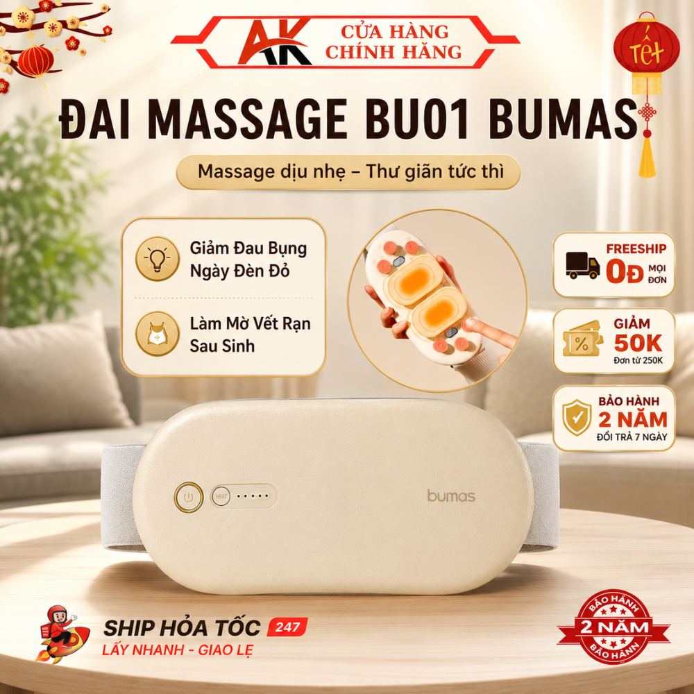 Đai Chườm Nóng Massage Giảm Đau Bụng Kinh BUMAS BU01 Chính Hãng, Hỗ Trợ Chống Lão Hoá Da Sau Sinh