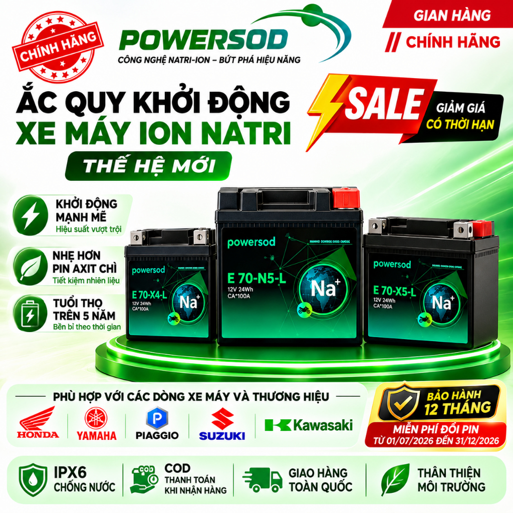Bình Ắc Quy Natri Ion Powersod Dùng Cho Xe Máy SH Air Blade Wave Future Vision Click Sirius Siêu Bền