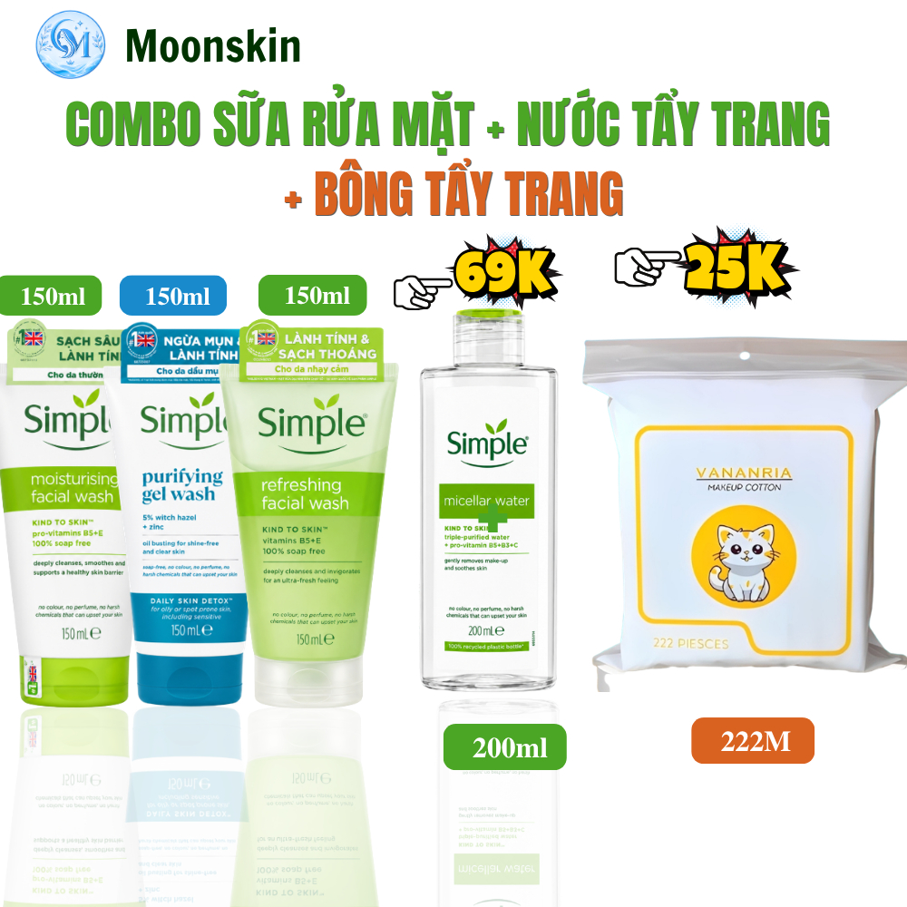 Combo Sữa Rửa Mặt Simple 150ml + Nước Tẩy Trang Simple 200ml + Bông Tẩy Trang Mèo 222 Miếng