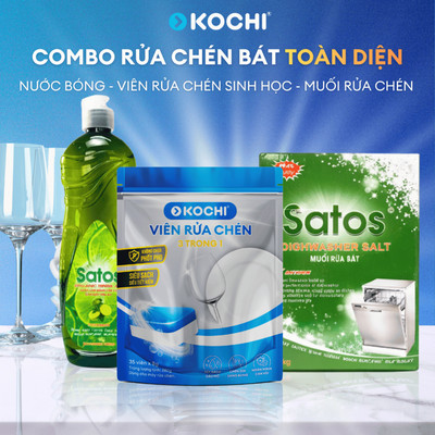 COMBO TOÀN DIỆN: 1 túi viên rửa KOCHI - 1 hộp muối rửa chén SATOS - 1 chai nước bóng SATOS - Sử dụng cho máy rửa chén