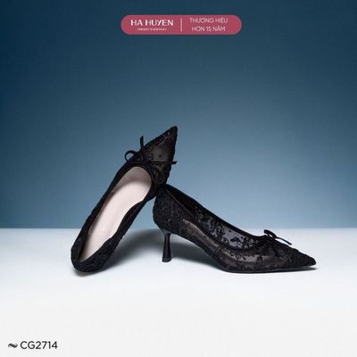 Giày cao gót ren nữ 7cm HÀ HUYỀN mũi nhọn gót nhọn 7 phân - CG2714