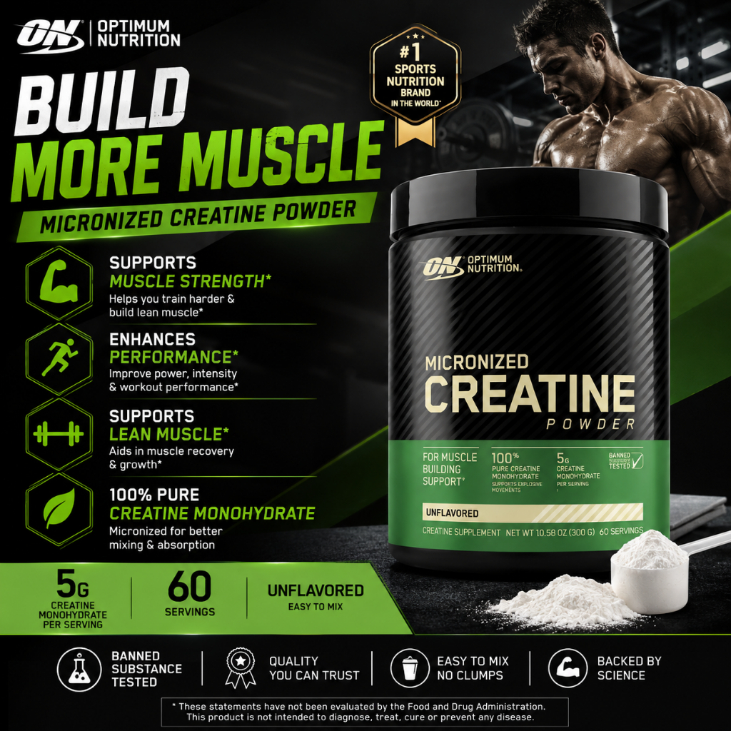Bột tăng sức mạnh ON Micronized Creatine Optimum Nutrition (USA) giúp pump cơ, tăng hiệu suất tập