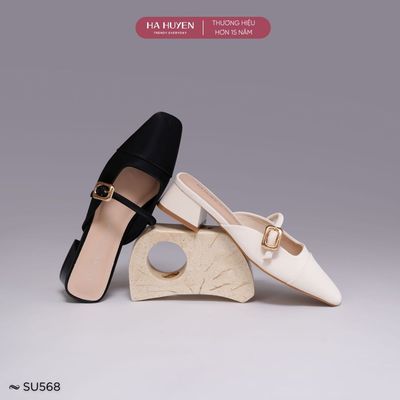 Giày Sục nữ 4cm HÀ HUYỀN da lì mũi vuông quai ngang gót vuông 4 phân - SU568