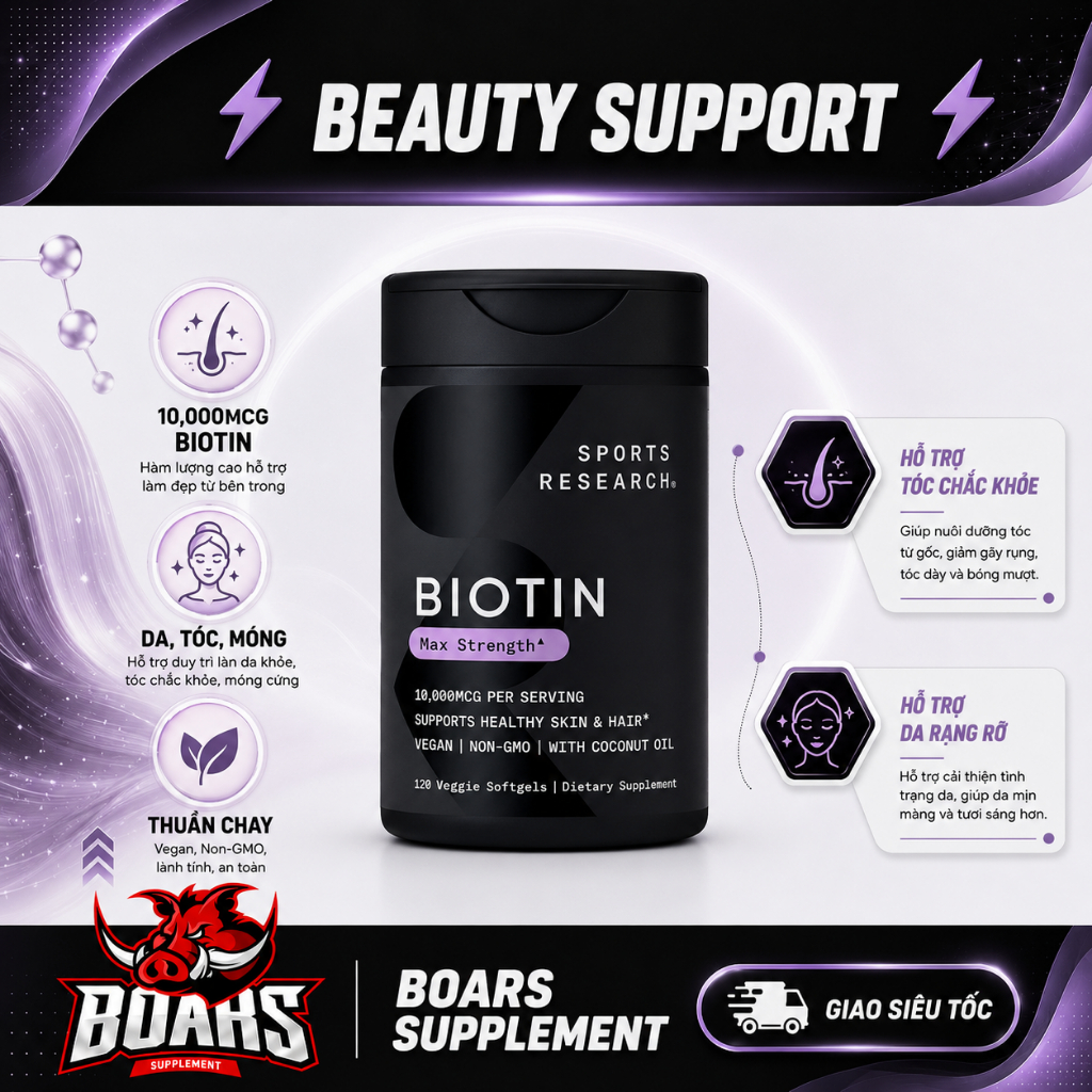 Sports Research Biotin 10000mcg With Organic Coconut Oil Viên Uống Biotin Dạng Viên Nang Mềm