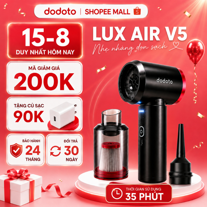 Máy hút bụi cầm tay dodoto Lux Air V5 mini không dây, hút bụi giường nệm, ô tô Bảo hành 24 tháng
