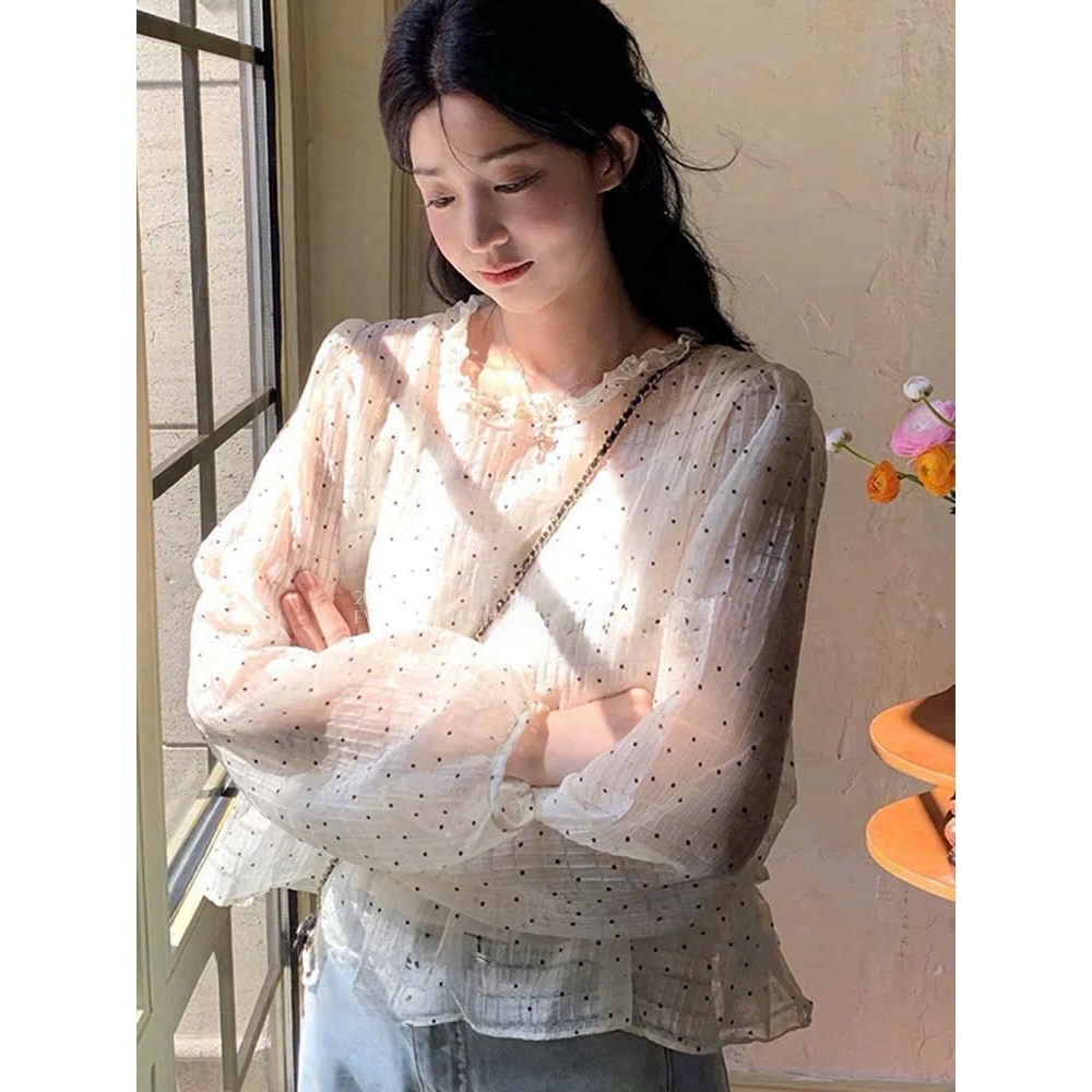 Áo voan chấm bi phối bèo cổ thân tay bồng bo chun kèm 2 dây by Cimie Closet