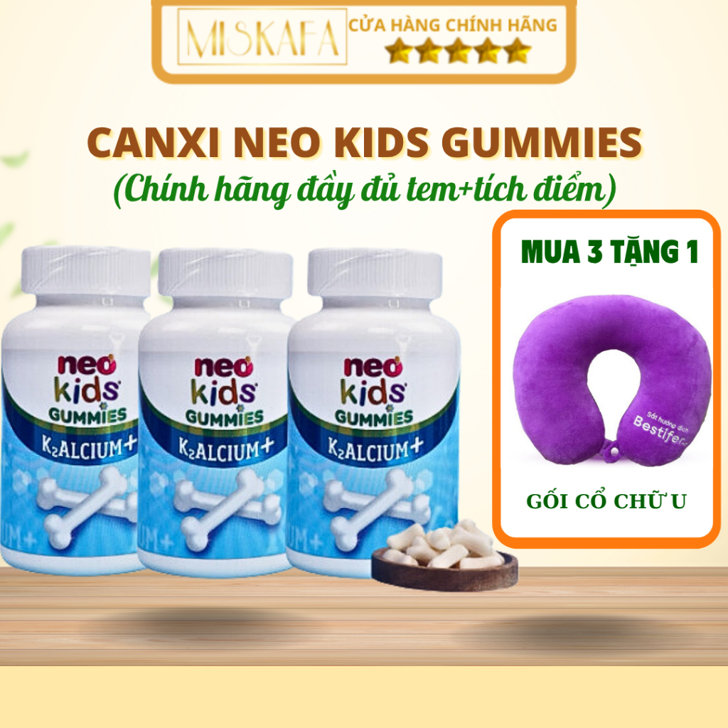 (MUA 3 TẶNG 1 GỐI CỔ) Neo Kids Gummies Canxi, Canxi Neo Kids dạng kẹo dẻo bổ sung canxi cho bé