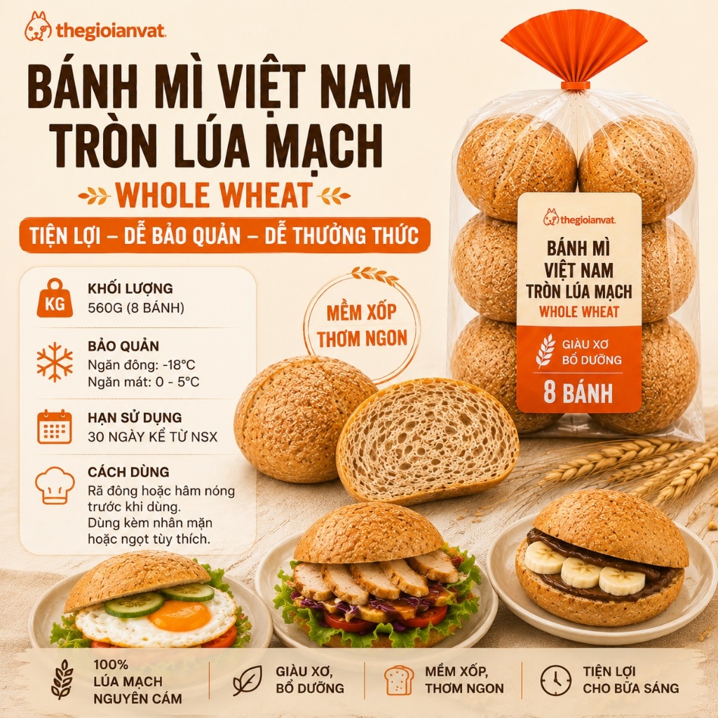 Bánh Mì Việt Nam Tròn Lúa Mạch Whole Wheat Bánh Mì Việt Nam Tròn Lúa Mạch Nguyên Cám ( 8 Bánh ) Bánh