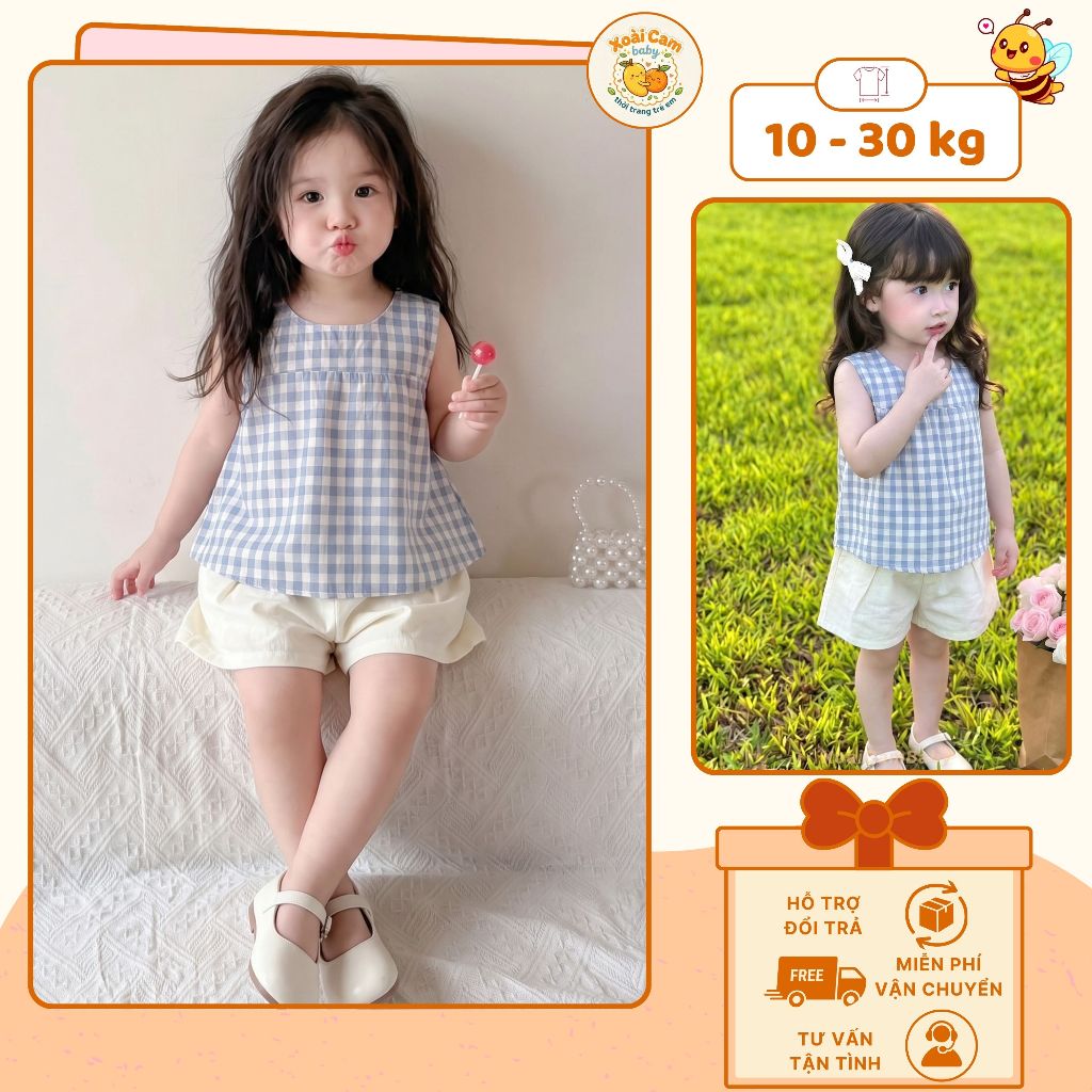 Set Áo Sát Nách Bé Gái Caro Xanh Trắng Phối Quần Short Dễ Thương, Set Đồ Bộ Bé Gái Mặc Nhà, Đi Chơi, Đi Học - M60