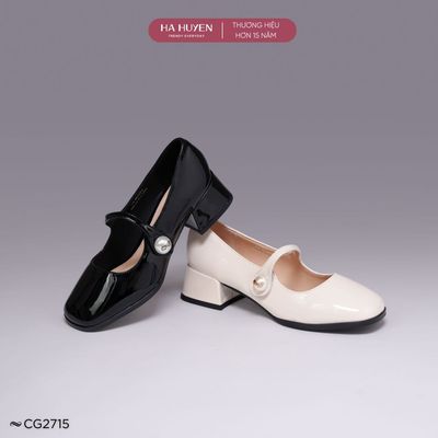 Giày cao gót nữ HÀ HUYỀN da bóng quai ngang nút ngọc gót vuông 5cm - CG2715