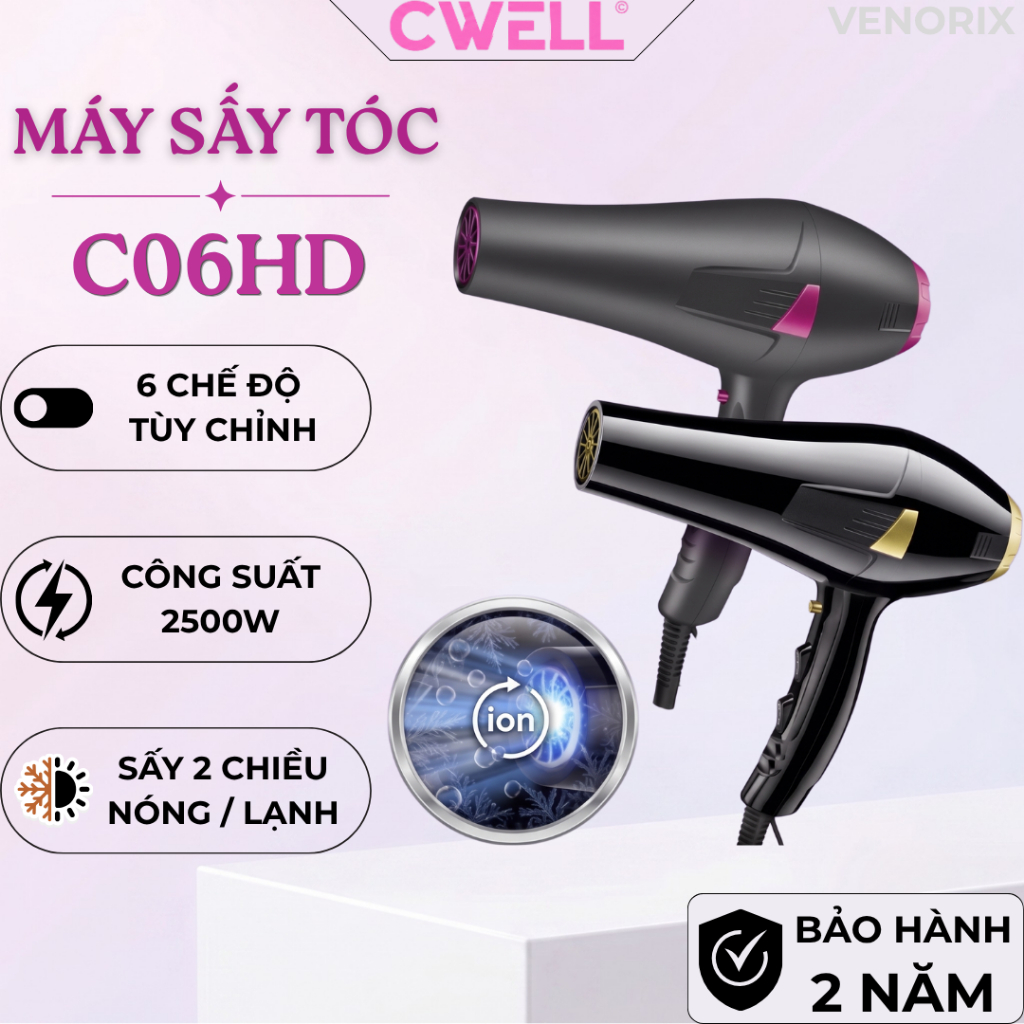 Máy sấy tóc công suất lớn CWELL C06HD - Sấy khô nhanh, Chống hư tổn tóc, 2 chế độ nóng lạnh - TẶNG Đ