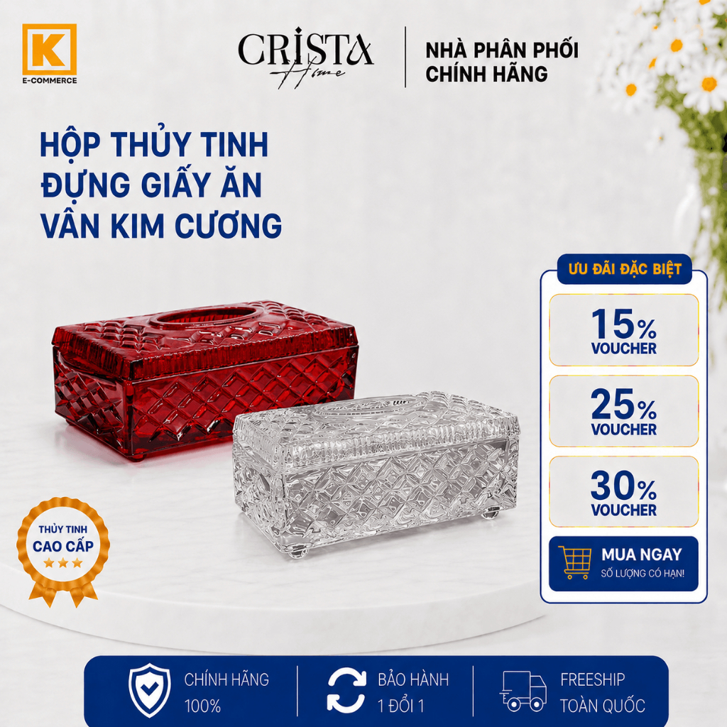HỘP THỦY TINH ĐỰNG GIẤY ĂN VÂN KIM CƯƠNG CRISTA HOME 60250