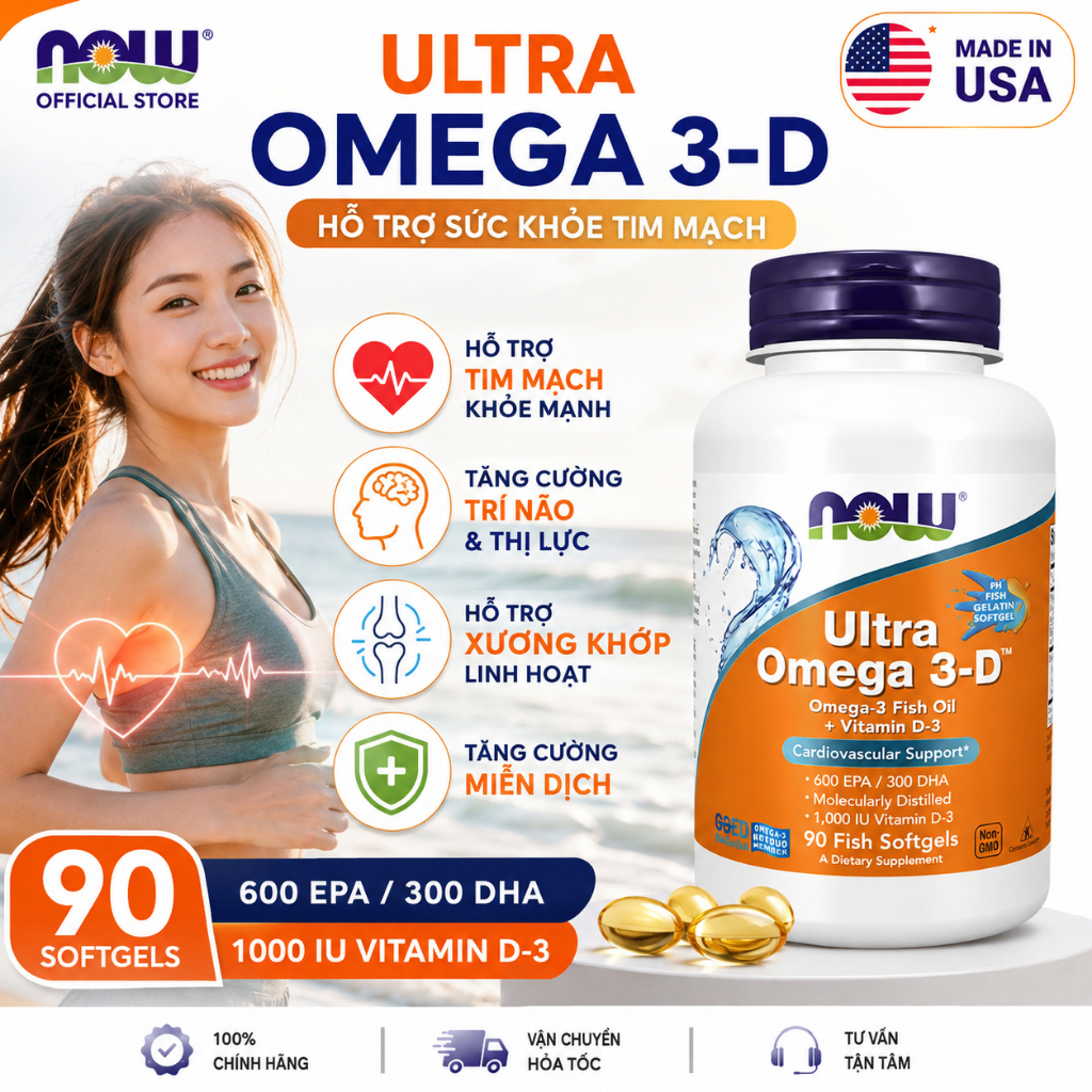 Dầu cá Ultra Omega 3D, 600 EPA / 300 DHA, bổ sung vitamin D3 hỗ trợ xương khớp, tim mạch, thị lực