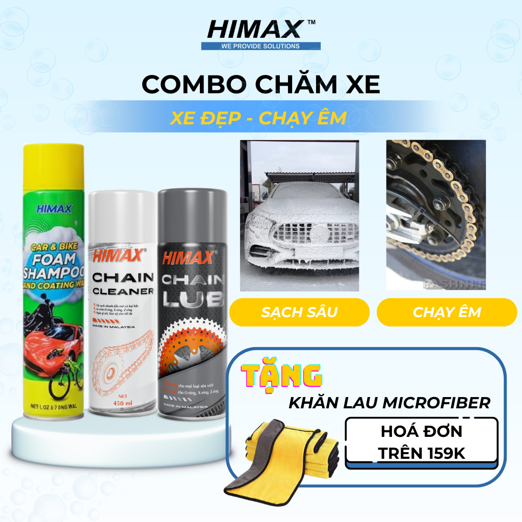 Combo chăm xe HIMAX [MC-04], [MC-05] và [MC-06] - Sạch toàn diện, tẩy sạch dầu nhớt và vết bẩn.