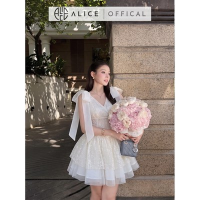 Váy 2 Dây Buộc Nơ Vai Tiểu Thư Alice, Đầm Ngắn Xòe Bồng 2 Tầng Cổ Chéo Chữ Phong Cách Tiểu Thư T630