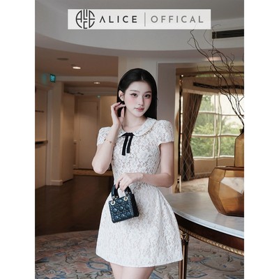 Váy Ren Chữ A Dáng Ngắn Alice, Đầm Cổ Bọc Đính Nơ Đen Có Chiết Eo Sang Trọng T633