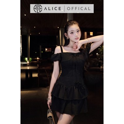Váy Trễ Vai 2 Dây Dáng Ngắn Alice Chất Text Đũi, Đầm Xòe 2 tẦNG Phối Dây Nơ Đính Ngực Ôm Eo T634