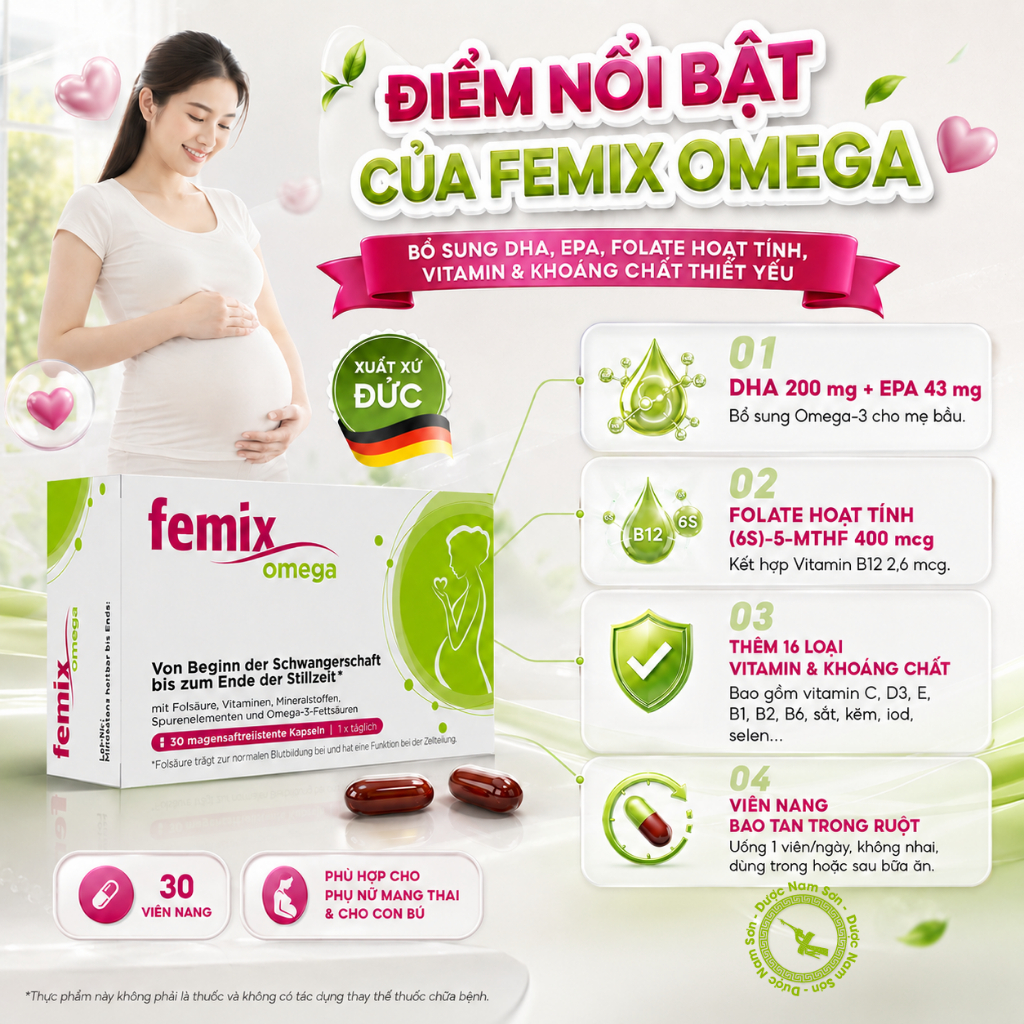 [CHÍNH HÃNG] Viên Uống Bổ Bầu Femix Omega, Bổ Sung DHA, 5MTHF, Vitamin & Khoáng Chất Cho Mẹ Bầu & Sa