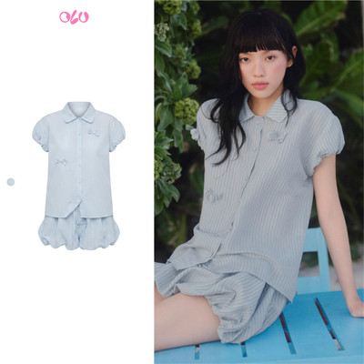 Set OLV áo sơ mi và chân váy nữ Blue Striped Cotton Buttoned Shirt Collar Set phù hợp đi học đi chơi