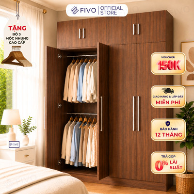 Tủ Quần Áo Gỗ Màu Walnut FIVO FC01 Cửa Mở, Phù Hợp Không Gian Phòng Ngủ, Trả Góp 0%, Freeship + Free lắp đặt