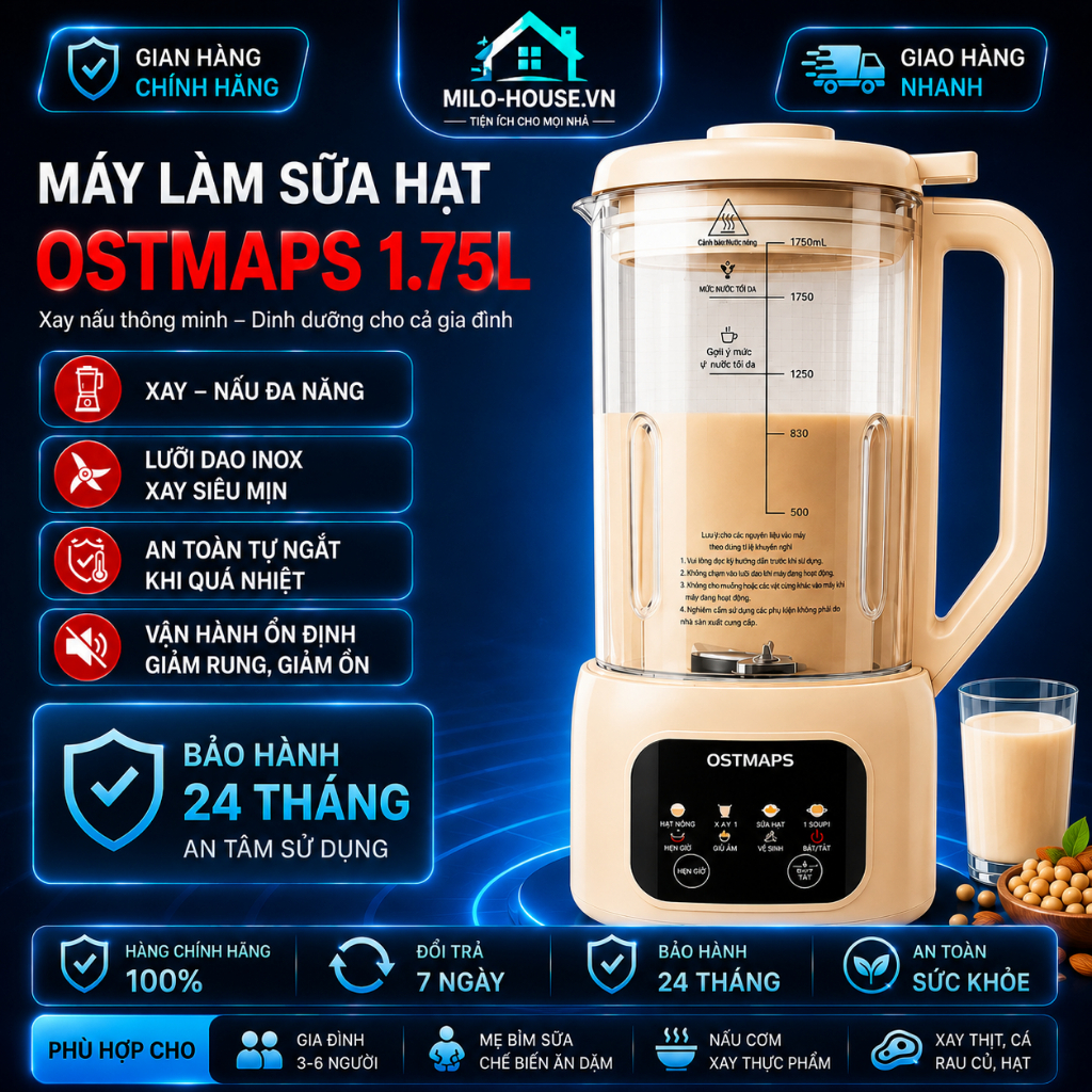 Máy Làm Sữa Hạt OSTMARS Bản Cao Cấp, Dung Tích 1750ML, Máy Làm Sữa  Đa Năng - Chính Hãng