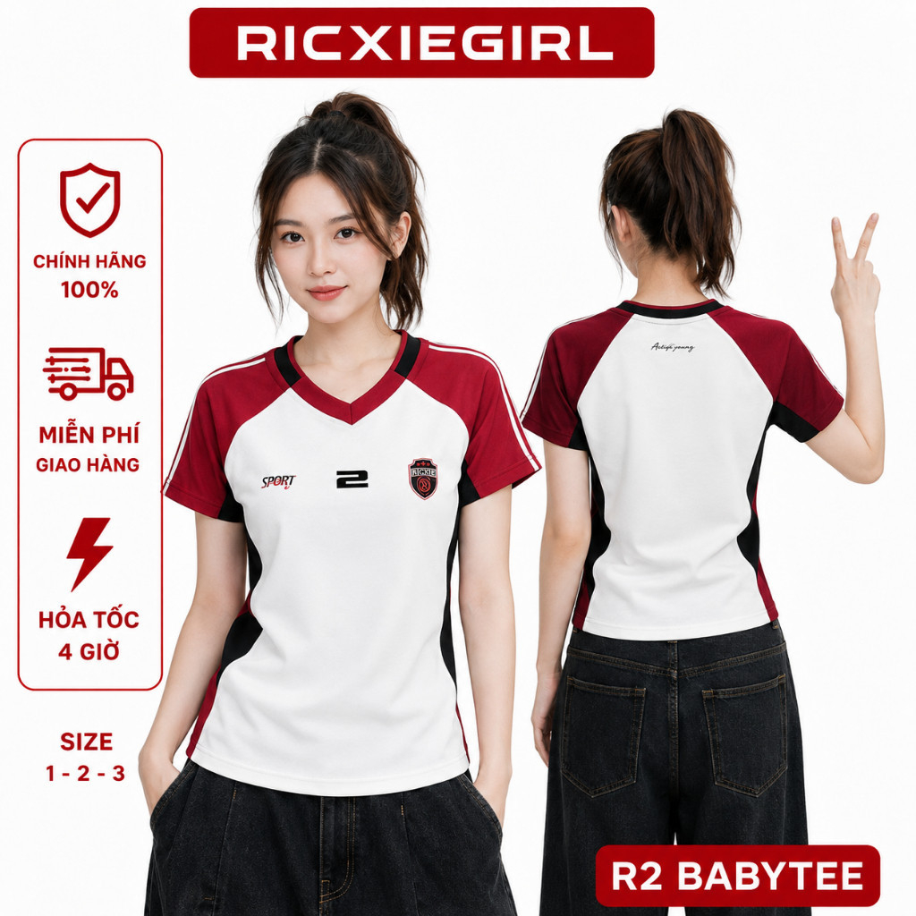Áo Baby Tee RICXIE GIRL Nữ Form Ôm Cotton Co Giãn Màu Kem Đỏ Navy Local Brand