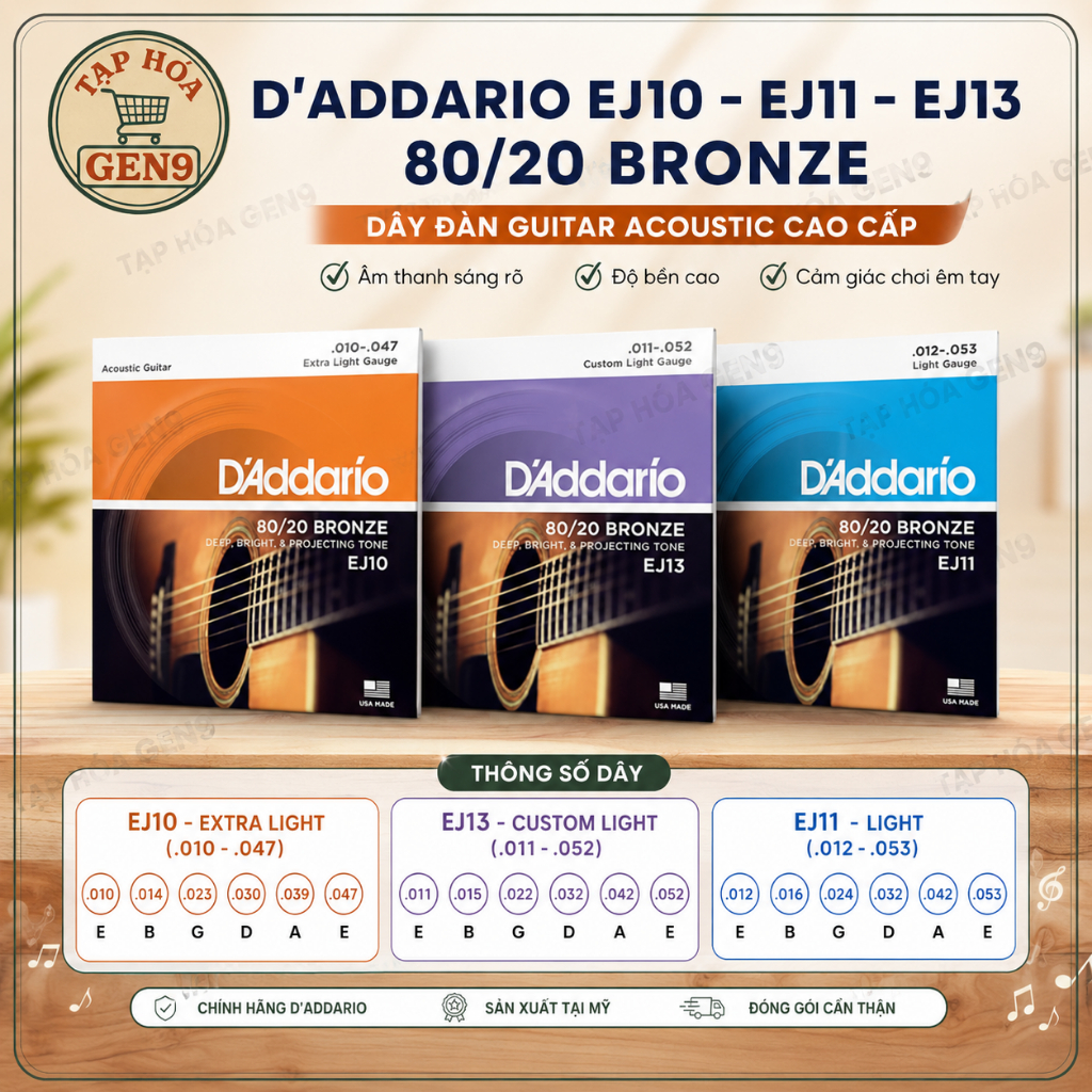 Dây Đàn Guitar Acoustic D'Addario EJ10 EJ11 EJ13 80/20 Bronze Chính Hãng, Âm Sáng Rõ, Made in USA