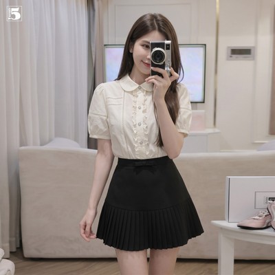 Áo sơ mi nữ Twentyfive tay bồng ngắn cổ sen, phối viền ren bèo nữ tính tiểu thư AM63