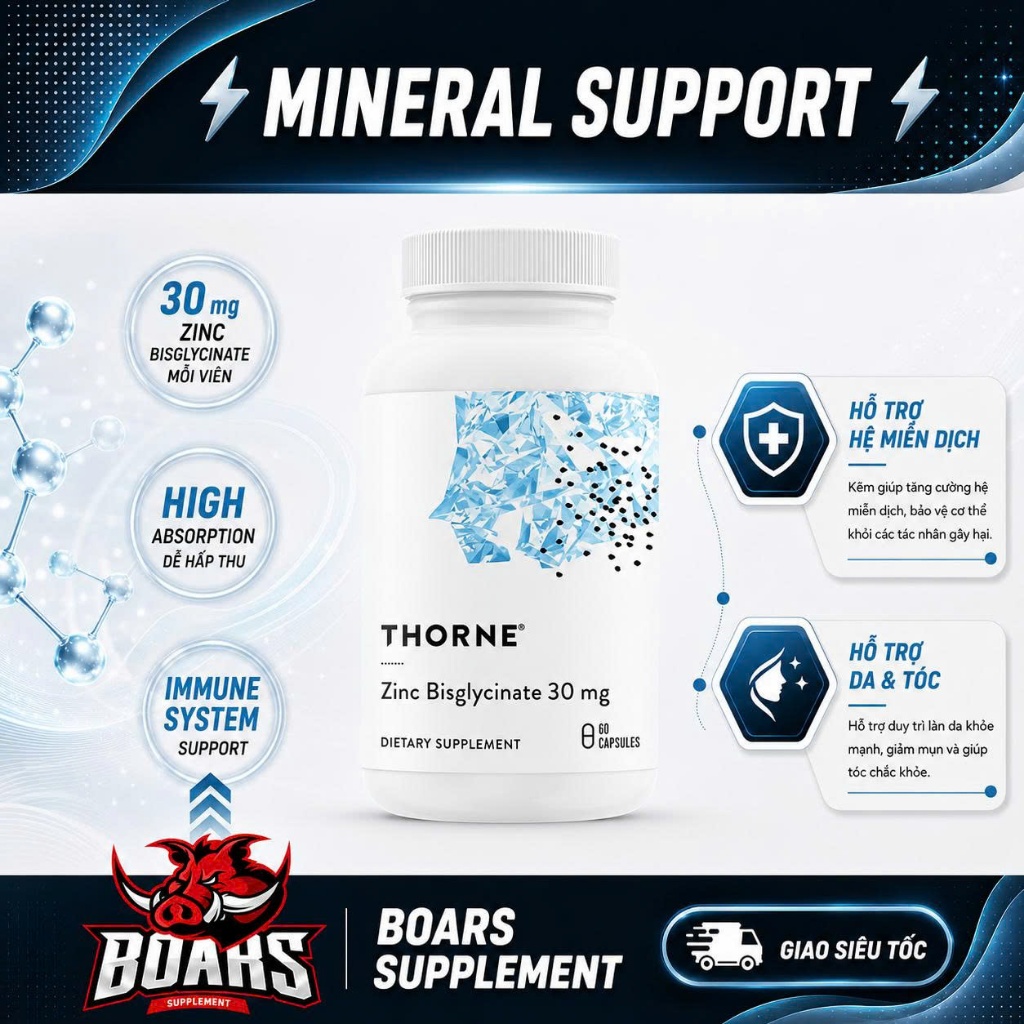 THORNE Zinc Bisglycinate 30 mg - Thực Phẩm Bổ Sung Kẽm Cho Phái Nam