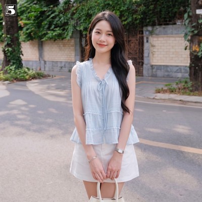 Áo kiểu nữ babydoll Twentyfive tay ngắn phối viền bèo nữ tính, ngọt ngào 7389