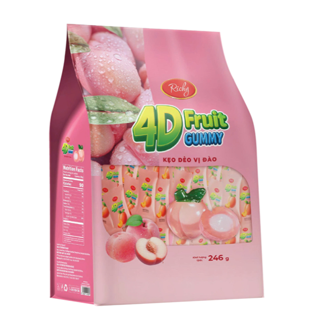 Kẹp dẻo 4D Richy vị xoài Kẹo dẻo 4D Vị Xoài, Đào Túi 246g - 4D Fruit Gummy