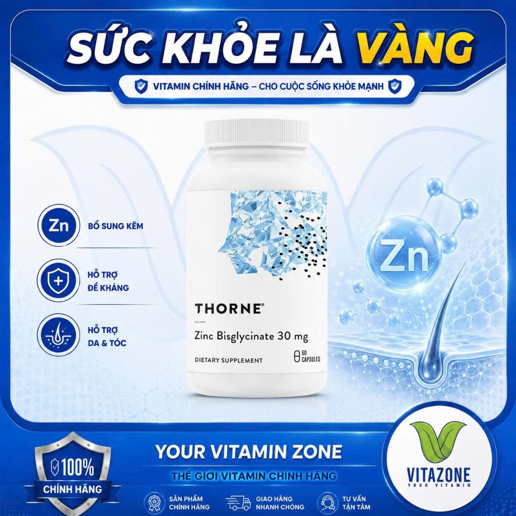 THORNE Zinc Bisglycinate 30 mg - Viên Uống Bổ Sung Kẽm, Tăng Đề Kháng, Giảm Mụn