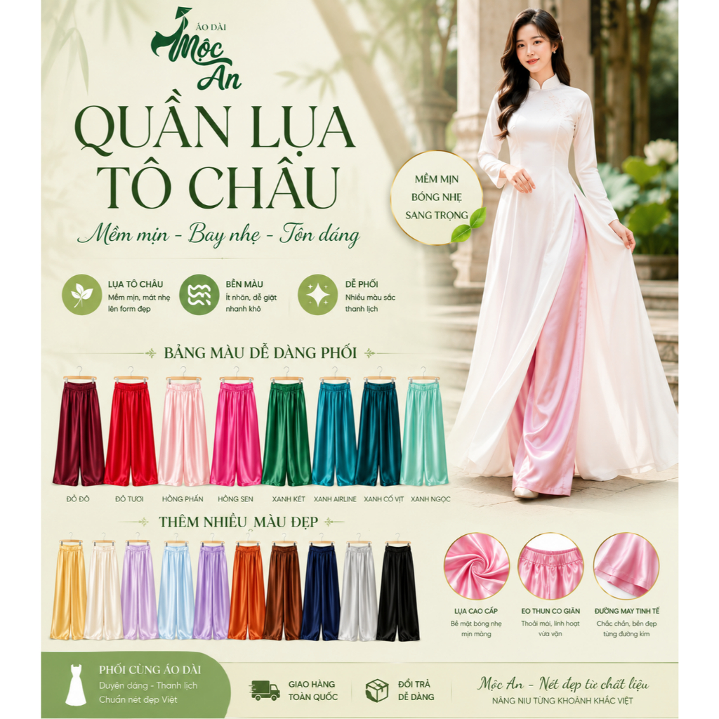 Quần lụa bóng mờ- dày mịn-mặc áo yếm, áo dài, áo bà ba đẹp - NHIỀU MÀU SẮC