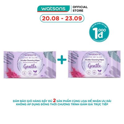 Khăn Ướt Tẩy Trang Watsons Micellar Cleansing Wipes Gentle 20 miếng