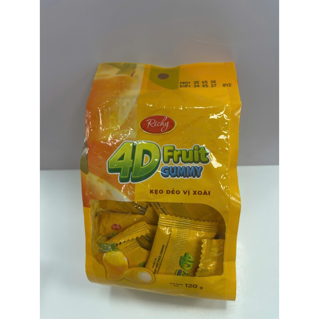 Kẹp dẻo 4D Richy vị xoài Kẹo dẻo 4D Vị Xoài, Đào Túi 120g - 4D Fruit Gummy