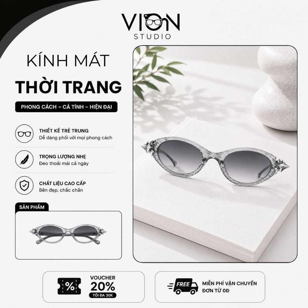 Kính Mát Oval Star Spikes Chrome Gray Vion Studio - Kính Râm Oval Xám Trong Chống UV400