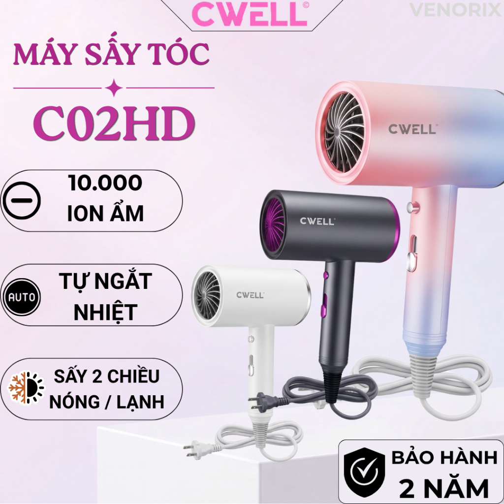 Máy Sấy Tóc Mini chính hãng CWELL C02HD 1200W - Sấy Nhanh, Giảm Chẻ Ngọn, Tặng Đầu Sấy - Bảo Hành Lỗ