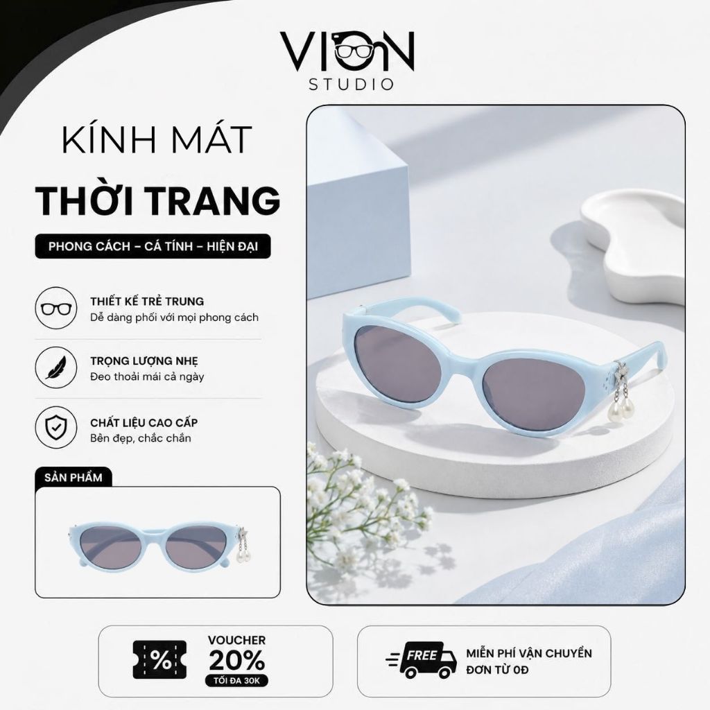 Kính Mát Oval Baby Blue Đính Ngọc Trai Vion Studio - Kính Râm Oval Xanh Pastel Chống UV400