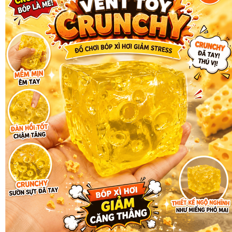 Squishy Phô Mai CRUNCHY Cheese Cube Siêu Mềm Dẻo, Đồ Chơi Bóp Tay Giảm Stress Hình Miếng Phô Mai Cute