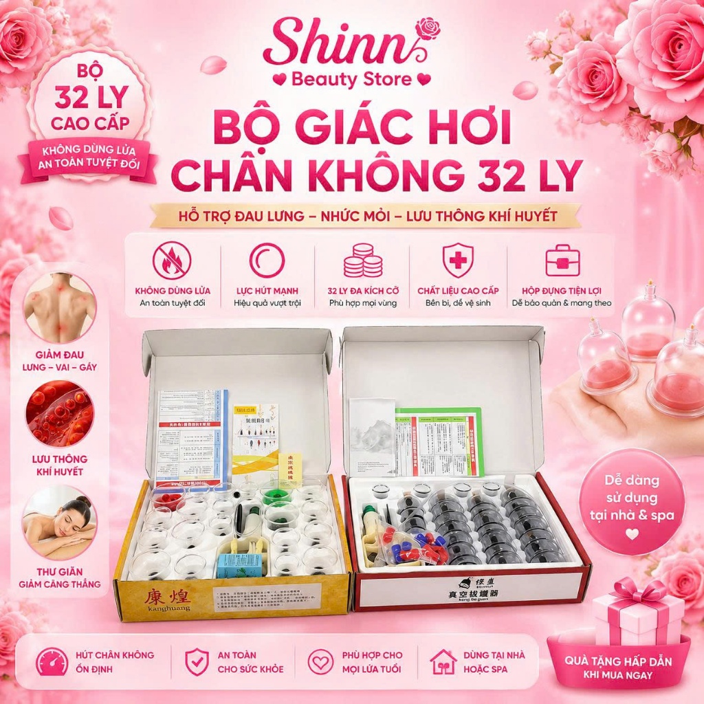 Bộ giác hơi chân không 32 ly bộ giác hơi không dùng lửa 32 cốc,bộ giác hơi không dùng lửa hỗ trợ đau lưng nhức mỏi.