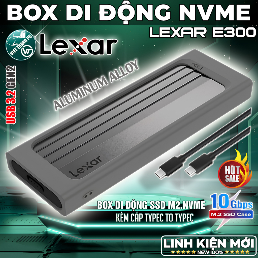 Box SSD Lexar E300 Hỗ trợ SSD M2.NVMe Chuẩn USB 3.2 Gen2 10Gbps - Nhôm nguyên khối Aluminum đẹp