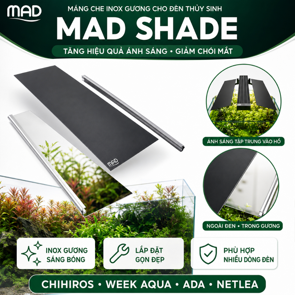 MAD SHADE – Máng che inox gương cho đèn CHIHIROS, WEEK, NETLEA, tăng sáng – giảm chói hồ thủy sinh